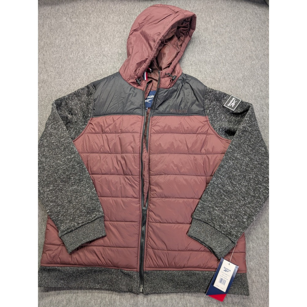 Reebok Mens Hybrid Puffer Jacket Hooded Maroon Grey XL OMRB1319 NEW